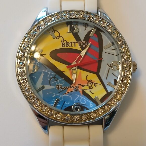 Romero Britto Pop Colorful Heart Dial Watch White Silicone Band Unisex - Picture 2 of 16
